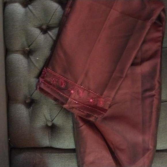 Ann Taylor Shiny Burgundy Pants with Sequined Ankles. - Picture 1 of 5